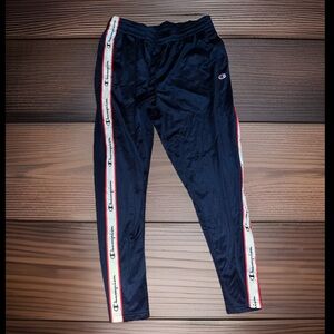 Champion Blue Track Pants with Logo W/Stripes Down Sides Pockets W/Drawstrings